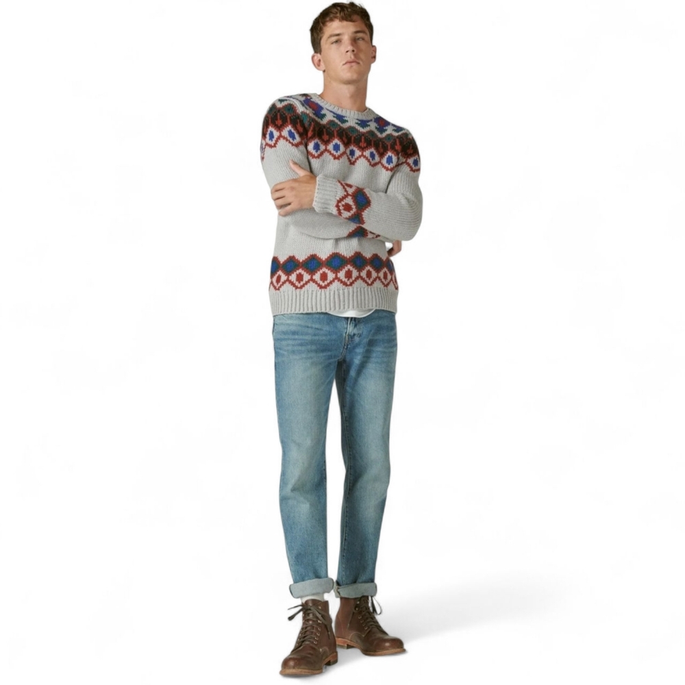 LUCKY BRAND Light Gray Fair Isle Wool Blend‎ Knit Pull-Over Sweater Men's Size L